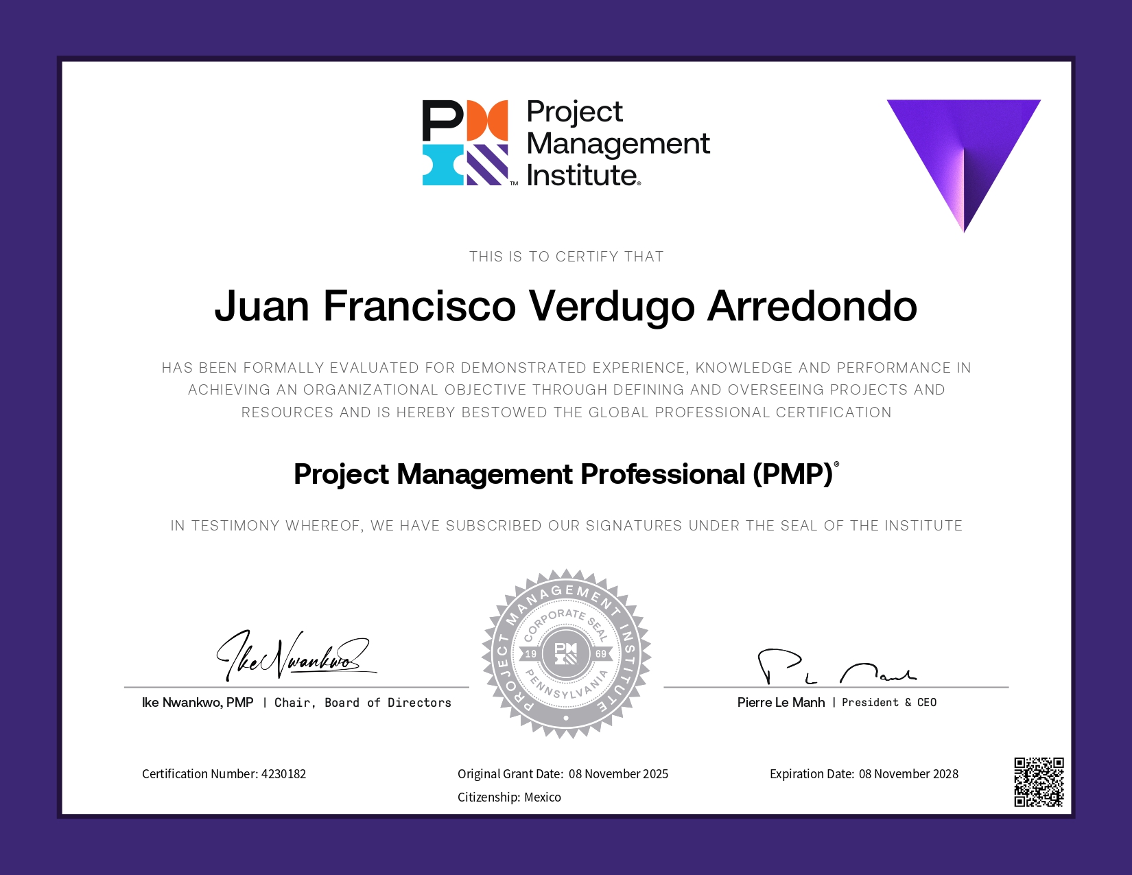 Certificado PMP Juan Francisco Verdugo Arredondo